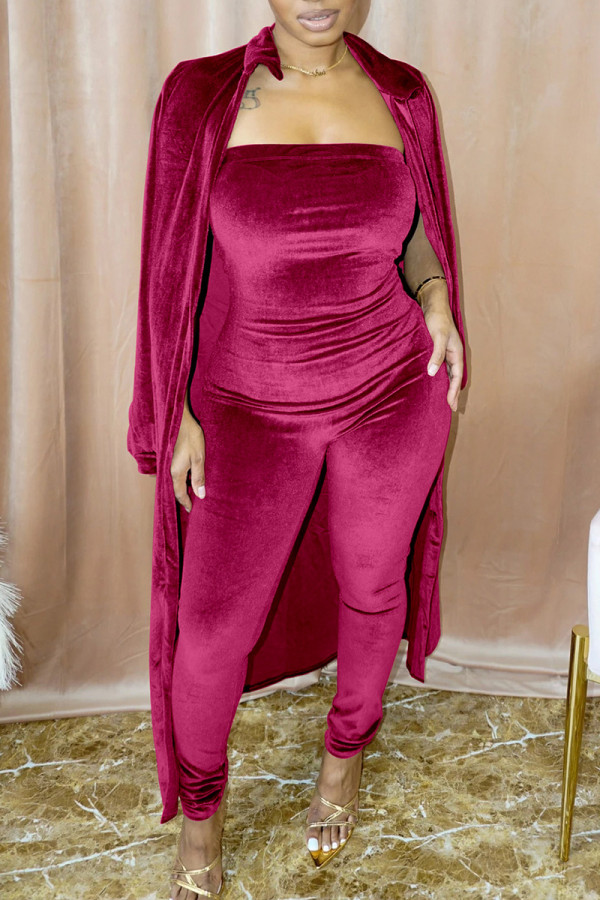 Rose Red Fashion Casual Solid Cardigan Turndown Collar Long Sleeve Two Pieces