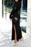 Blue Casual Solid Patchwork Slit Hooded Collar Straight Dresses