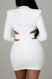 White Sexy Solid Hollowed Out Patchwork Hot Drill Turn-back Collar One Step Skirt Dresses