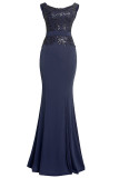 Deep Blue Fashion Sexy Plus Size Patchwork Solid Sequins Slit V Neck Evening Dress