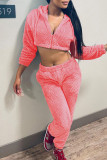 Pink Casual Solid Patchwork Zipper Hooded Collar Long Sleeve Two Pieces