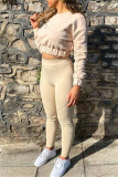 Apricot Fashion Casual Solid Split Joint O Neck Long Sleeve Two Pieces