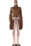 Brown Turtleneck Patchwork Solid Faux Fur Pure Long Sleeve 