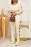Apricot Sexy Solid Hollowed Out Patchwork Frenulum Backless O Neck Long Sleeve Two Pieces