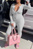 Pink Casual Solid Split Joint Zipper Long Sleeve Two Pieces
