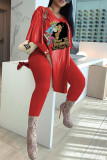 Fluorescent Color Fashion Casual Print Slit V Neck Long Sleeve Two Pieces