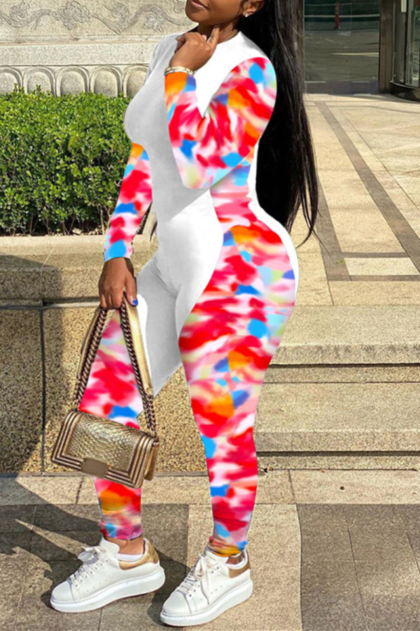 Red Fashion Casual Print Patchwork O Neck Regular Jumpsuits