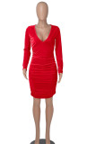 Red Sexy Solid Patchwork Fold V Neck One Step Skirt Dresses