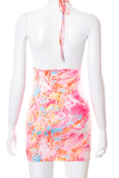 Pink Sexy Print Hollowed Out V Neck Pencil Skirt Dresses