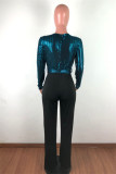 Blue Fashion Casual Patchwork Sequins V Neck Regular Jumpsuits