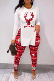 Red Fashion Casual Print Slit O Neck Long Sleeve Two Pieces
