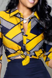 Yellow Casual Print Patchwork Turndown Collar Long Sleeve Two Pieces