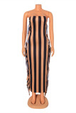 Multicolor Sexy Casual Striped Print Tassel Backless Strapless Long Dress