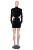 Black Fashion Sexy Solid Hollowed Out Draw String Half A Turtleneck Long Sleeve Dresses