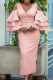 Pink Fashion Solid Hollowed Out Slit V Neck Long Dress