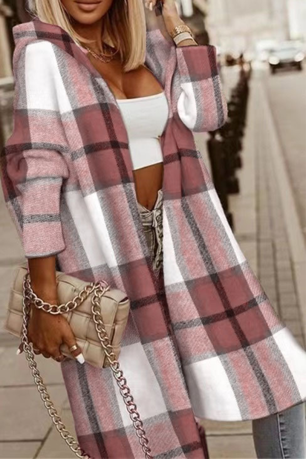 Pink Casual Plaid Hooded Collar Outerwear