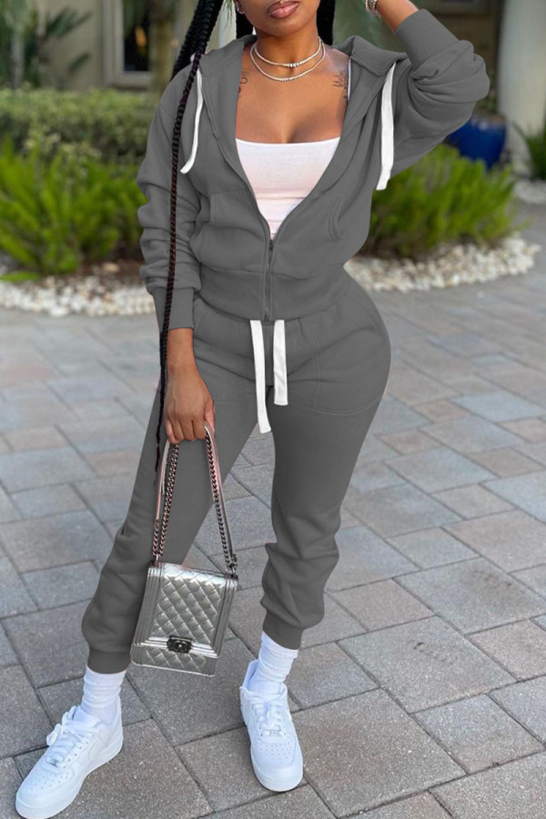 Grey Casual Solid Patchwork Zipper Hooded Collar Long Sleeve Two Pieces