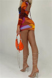 Red Fashion Sexy Print Hollowed Out Fold Square Collar Long Sleeve Dresses