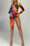 Red Fashion Sexy Print Hollowed Out Fold Square Collar Long Sleeve Dresses