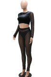 Black Sexy Solid Patchwork See-through O Neck Long Sleeve Two Pieces