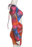 Red Fashion Sexy Print Hollowed Out Fold Square Collar Long Sleeve Dresses