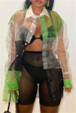 Green Fashion Casual Patchwork See-through Turndown Collar Outerwear