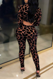 Black Sexy Print Patchwork O Neck Long Sleeve Two Pieces