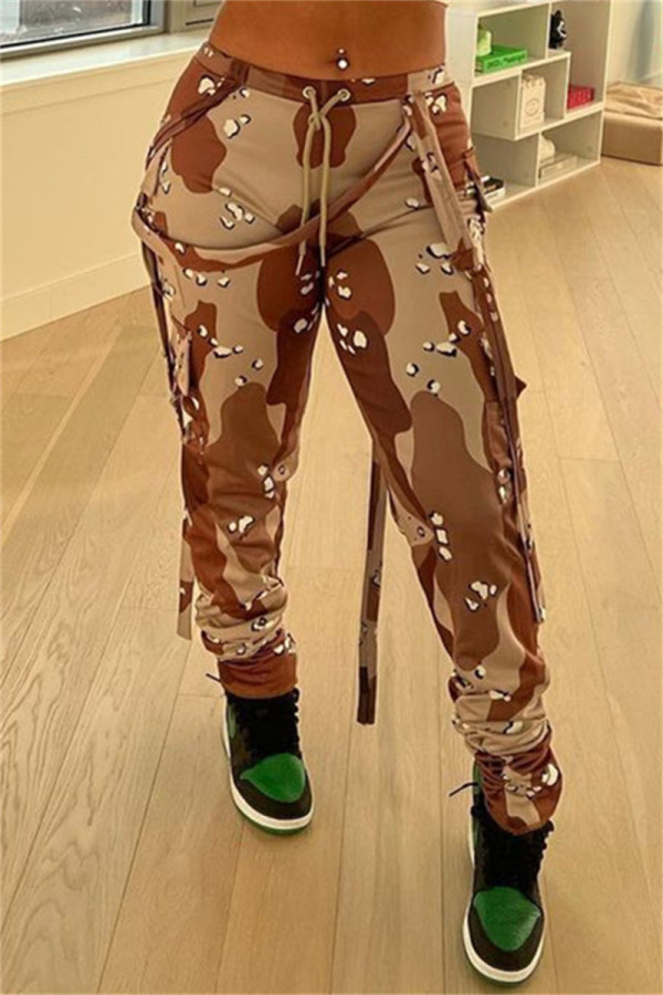 Multicolor Fashion Casual Camouflage Print Patchwork Regular Mid Waist Conventional Full Print Bottoms