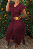 Burgundy Casual Solid Tassel Patchwork Straight Dresses (Without Belt)