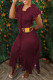 Burgundy Casual Solid Tassel Patchwork Straight Dresses (Without Belt)