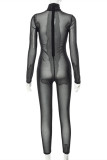 Black Sexy Patchwork Solid See-through Turtleneck Skinny Jumpsuits