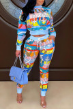 Blue Fashion Casual Print Basic O Neck Long Sleeve Two Pieces