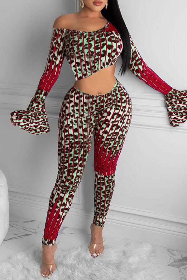 Red Fashion Sexy Print Leopard Basic O Neck Long Sleeve Two Pieces