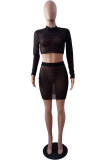 Black Fashion Sexy Patchwork See-through Hot Drill O Neck Long Sleeve Two Pieces