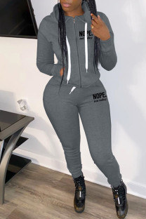 Dark Gray Fashion Casual Letter Print Split Joint Hooded Collar Long Sleeve Two Pieces