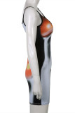 Silver Fashion Sexy Print Hollowed Out Backless Spaghetti Strap Sleeveless Dress