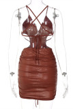 Brown Sexy Solid Bandage Draw String Backless Halter Sling Dress