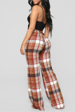 Blue Fashion Casual Plaid Print Basic Regular High Waist Trousers