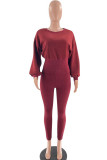 Purplish Red Casual Solid Patchwork O Neck Long Sleeve Two Pieces