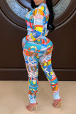 Blue Fashion Casual Print Basic O Neck Long Sleeve Two Pieces