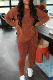 Orange Fashion Casual Print Basic O Neck Long Sleeve Two Pieces