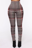 Red Fashion Casual Plaid Print Basic Skinny High Waist Pencil Trousers