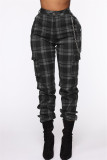 Green Fashion Casual Plaid Print Patchwork Regular High Waist Trousers