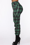 Green Fashion Casual Plaid Print Patchwork Regular High Waist Trousers