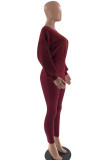 Purplish Red Casual Solid Patchwork O Neck Long Sleeve Two Pieces