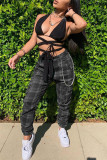 Green Fashion Casual Plaid Print Patchwork Regular High Waist Trousers