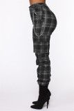 Green Fashion Casual Plaid Print Patchwork Regular High Waist Trousers