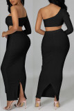 White Sexy Solid Hollowed Out Patchwork Asymmetrical Oblique Collar Long Sleeve Two Pieces