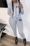Dark Gray Fashion Casual Letter Print Split Joint Hooded Collar Long Sleeve Two Pieces