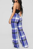 Blue Fashion Casual Plaid Print Basic Regular High Waist Trousers